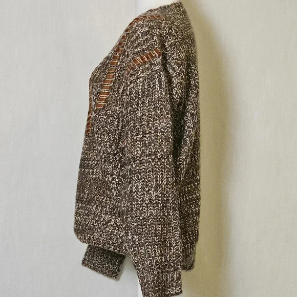 VTG GeeGee Cable Knit Sweater Sz Lg Suede Textured Design Inserts Brown,Black - Picture 4 of 12